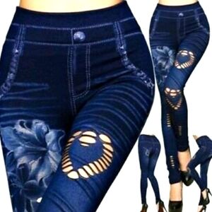 Hengsong Denim Leggings w/Floral Print & Cut-Out Size M